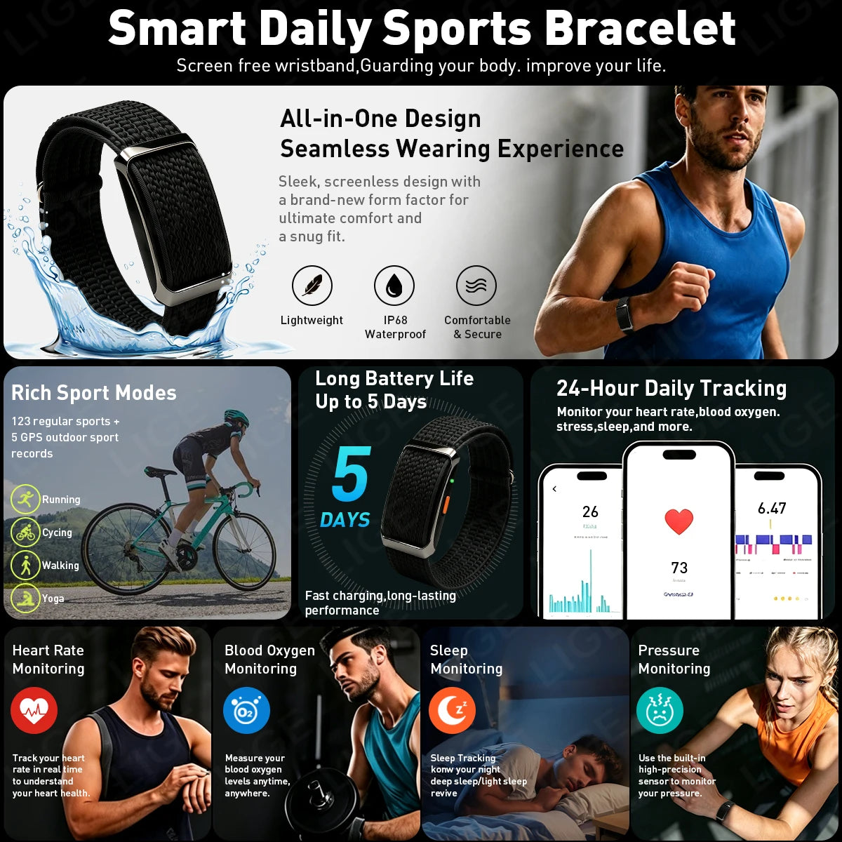 Fitness Tracker Bluetooth Connected Smart Bracelet Sport Wristband Health Sleep Monitoring Smart Watch For iOS Android Women Men